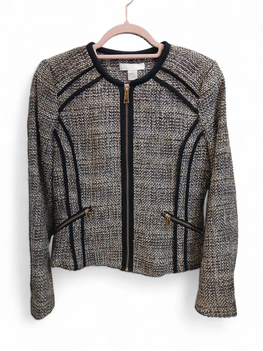 H&M Tweed Zip-Front Textured Blazer With Black Trim